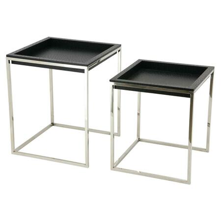 EMPIRE ART DIRECT Black Ostrich Exotic Leather Nesting Tables with Stainless Steel Legs EXL-1011-04BLK-SS